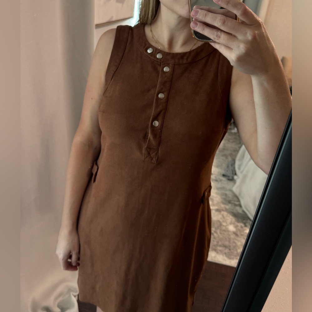 State Sleeveless Brown Faux Suede Henley Dress - Picture 6 of 10
